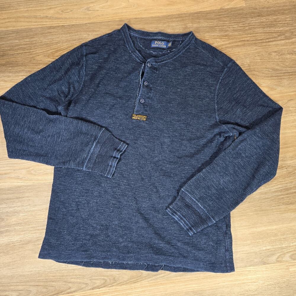 Polo Ralph Lauren Henley Shirt Mens L Indigo Blue Waffle Knit Military Layer
